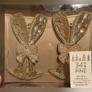 34th & Pine Set of 2 Gold and Cream Beaded Ornaments - Champagne Glasses NIB